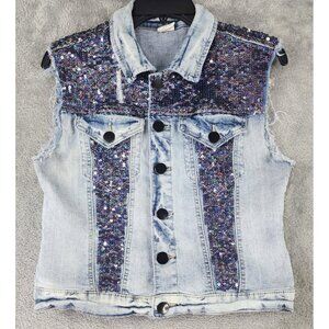 Litz Jacket Womens Juniors Large Blue Denim Sequin Vest Distressed Y2K‎ Style